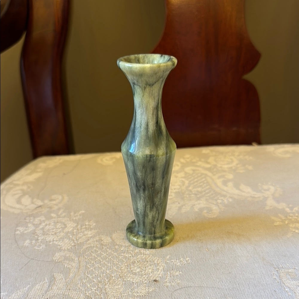 Vintage green marble miniature bud vase, beautiful markings